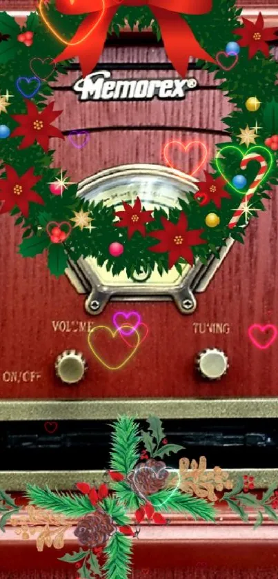 Vintage radio with Christmas wreath decoration.