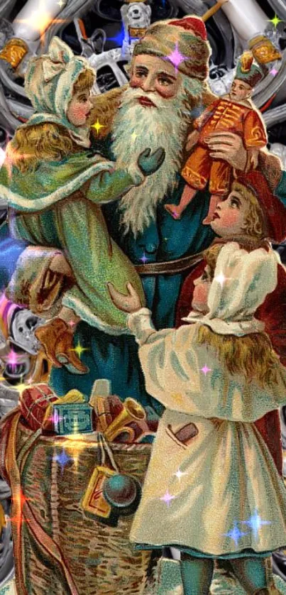 Vintage Santa Claus and children Christmas scene wallpaper.
