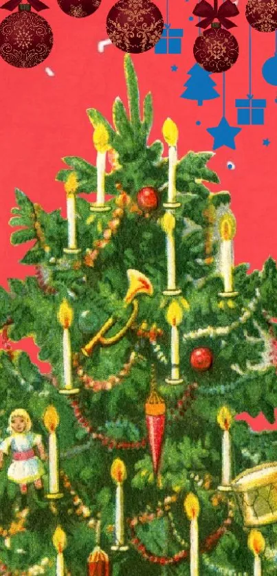 Vintage Christmas tree with candles and ornaments on a red background.