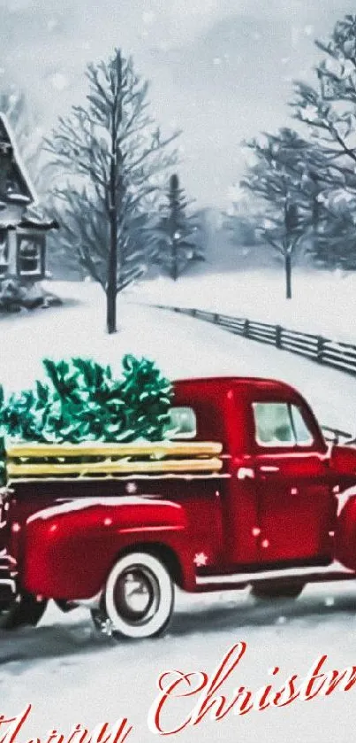 Vintage red truck with Christmas trees in snowy landscape.