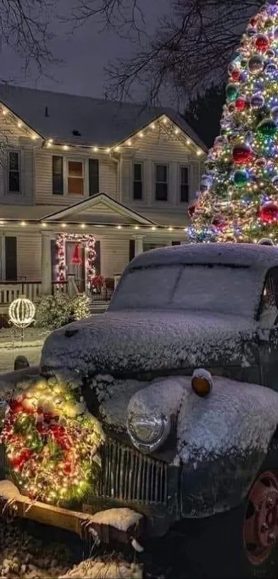 Vintage truck with Christmas tree lights in snow-covered yard.