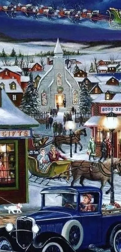 Vintage Christmas village with Santa's sleigh and classic cars at night.