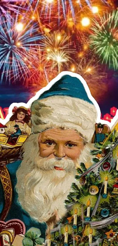 Vintage Santa with fireworks in a festive Christmas scene.