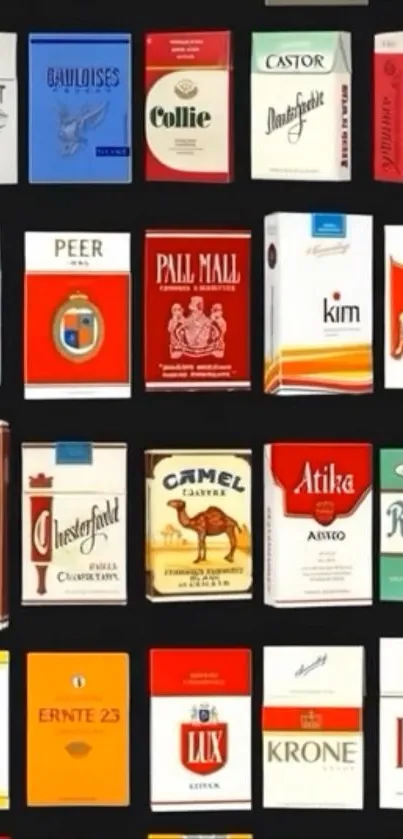 Collection of vintage cigarette packs with diverse colors on a black background.