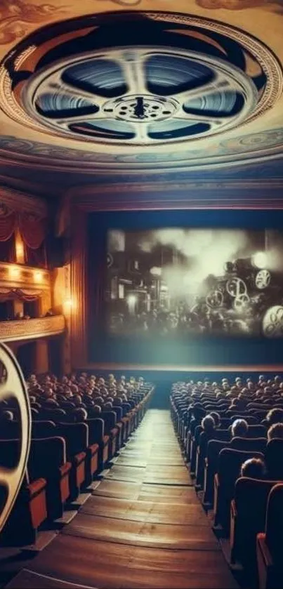 Vintage cinema with film reel and audience in classic theater setting.