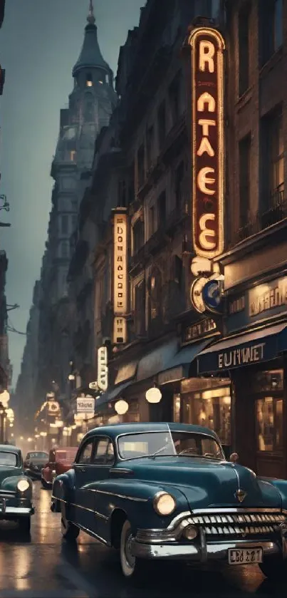 Vintage night cityscape with neon lights and classic cars.