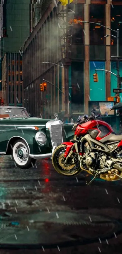 Vintage car and motorcycle on rainy city street.