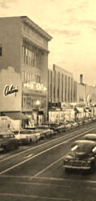 Sepia-toned wallpaper of a vintage city street with classic cars.