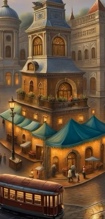 A vintage street scene with a streetcar and iconic architecture at night.