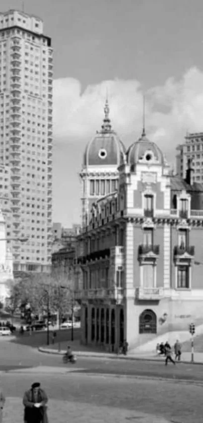 Vintage cityscape in black and white with historic architecture.