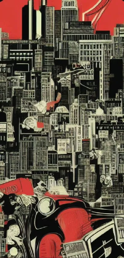 Urban cityscape art with red and black tones.