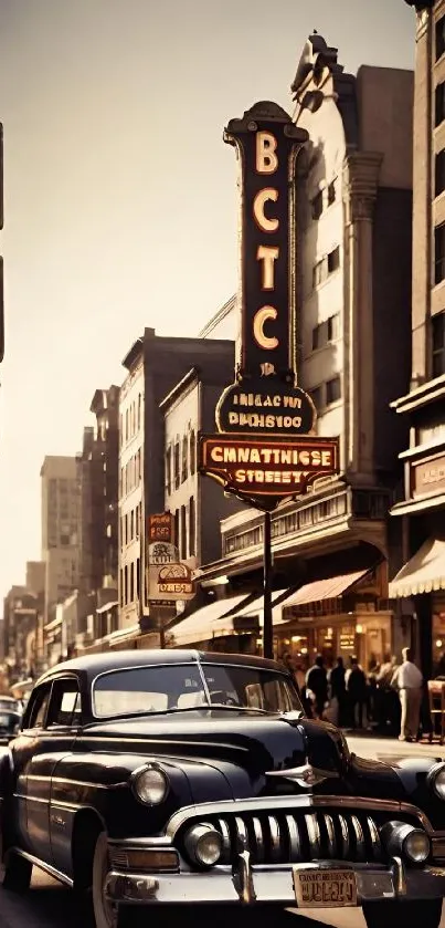 Classic vintage car in a bustling city street with period architecture.
