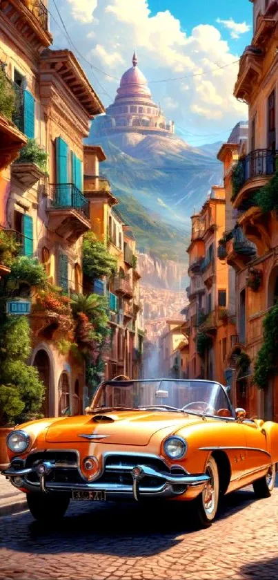 Colorful vintage car in scenic city alleyway with mountain view.