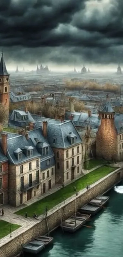 Vintage cityscape with storm clouds over historic architecture by the river.