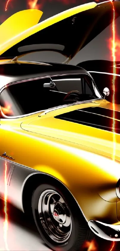 Vintage yellow classic car with sleek retro design on display.
