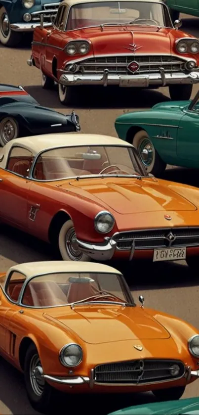 Vibrant collection of classic vintage cars in various colors.