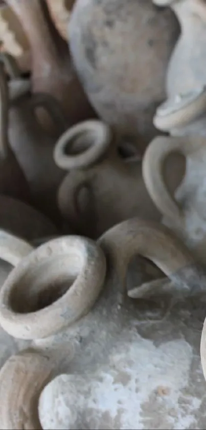 Close-up of ancient clay pots with rustic texture.