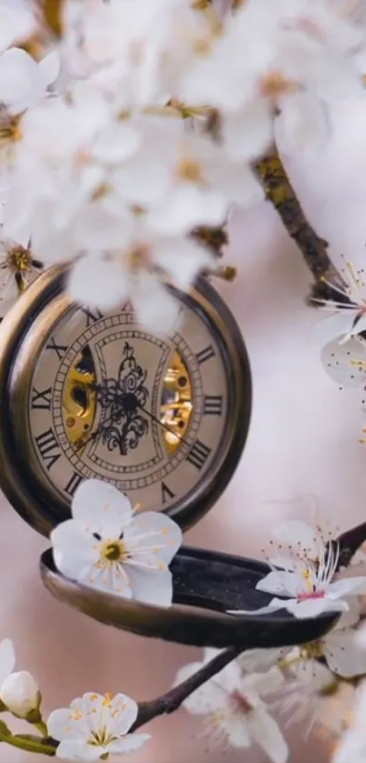 A vintage pocket watch surrounded by white blossoms on a tree branch.