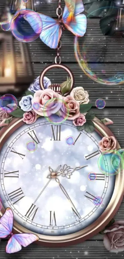 Vintage clock with roses and butterflies wallpaper.