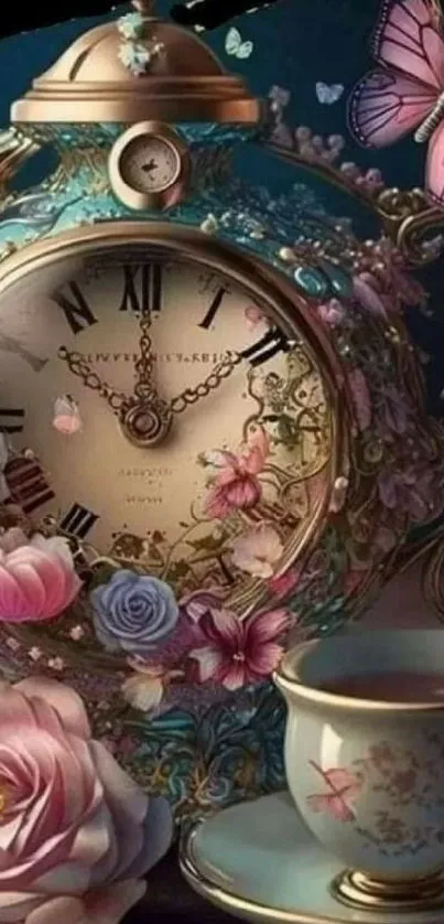 Vintage clock with butterflies and floral elements in artful design.