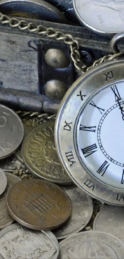 Vintage pocket watch with scattered coins, creating a timeless and classic feel.