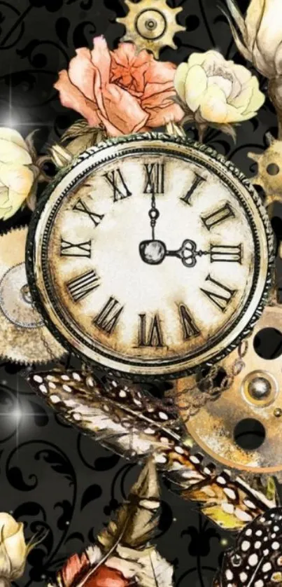 Vintage clock with floral and steampunk elements on a black background.