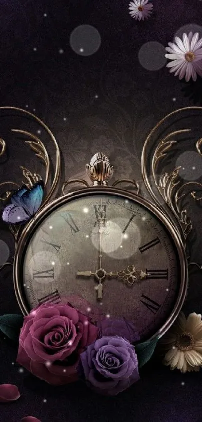 Vintage clock with flowers on dark purple background wallpaper.