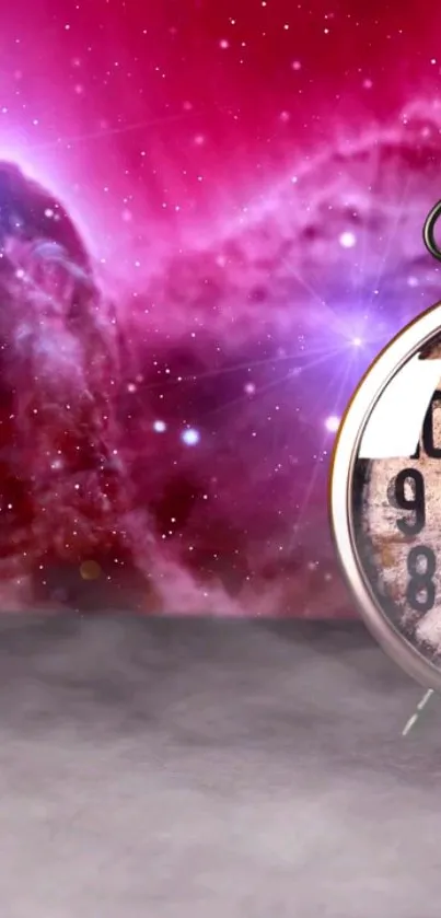 Vintage clock and galaxy wallpaper with red hues and starry background.