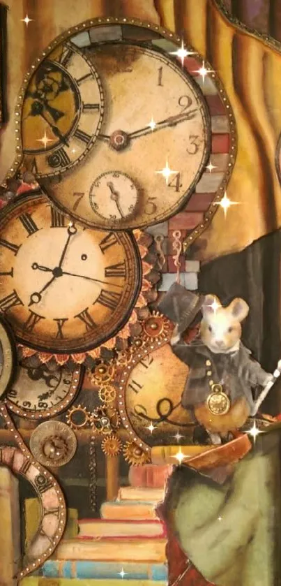 Steampunk clock collage with mouse illustration on a mobile wallpaper.