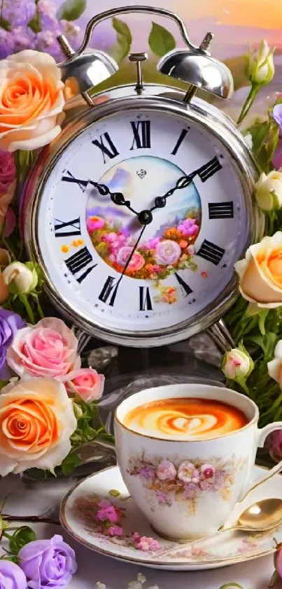 Vintage clock and coffee cup with roses in a serene setting.