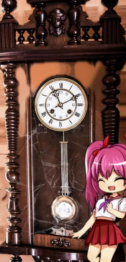 Vintage clock with anime character in pink hair and school uniform.