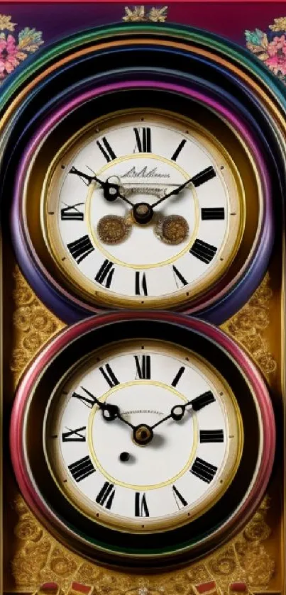 Vintage clock with ornate gold and floral details on mobile wallpaper.