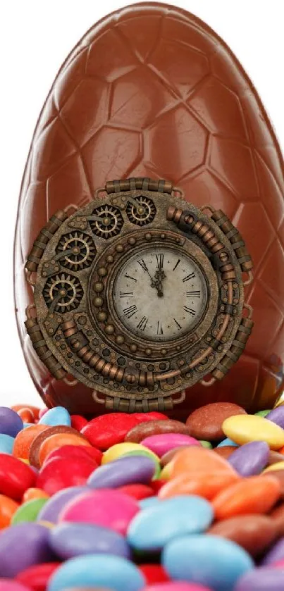 Chocolate egg with vintage clock surrounded by colorful candies.