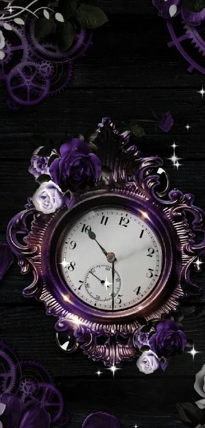 Vintage clock with purple roses on dark wood background.