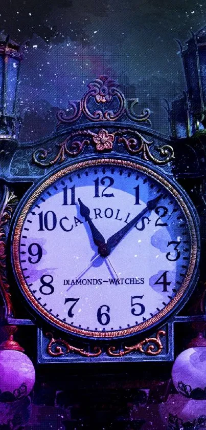 A vintage clock set against a deep blue galaxy backdrop.