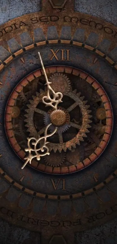 Intricate vintage clock with gear design on wallpaper.