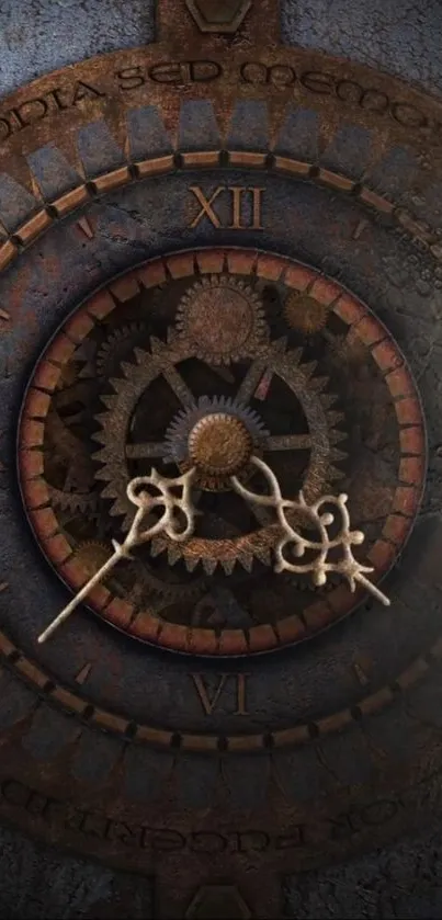 Vintage clock with intricate gears and textured background.