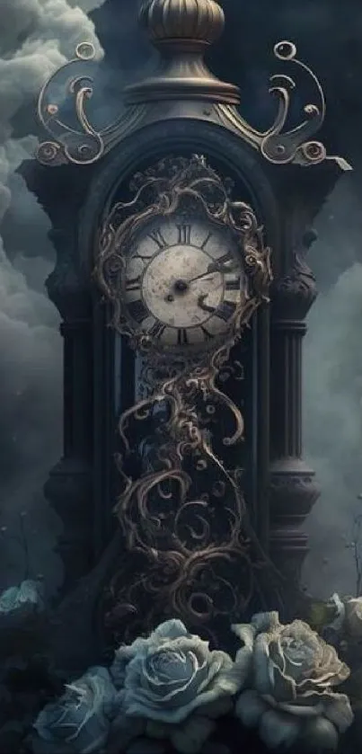 Vintage clock with gothic and floral design set in a foggy ambiance.