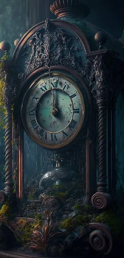 Vintage clock amidst lush greenery in a mystical forest setting.