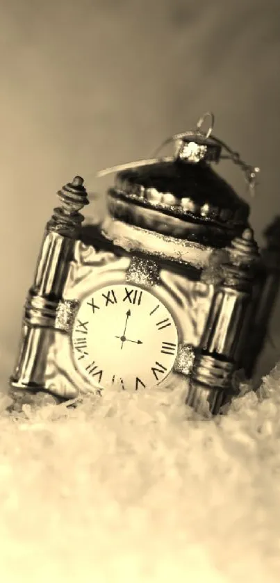 Vintage clock nestled in snowy decor, sepia tones.