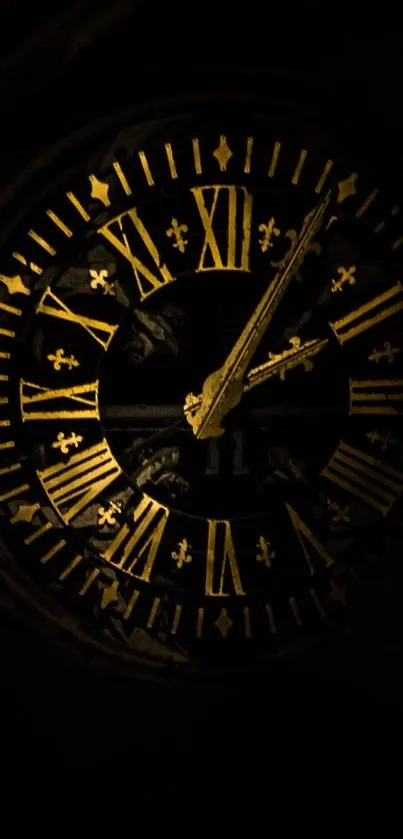 Vintage clock with golden Roman numerals and hands on a dark background.