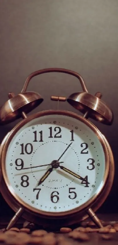 Vintage copper clock with coffee beans, perfect for mobile wallpaper.