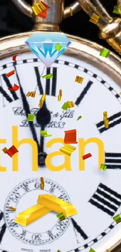 Vintage clock wallpaper with colorful confetti.