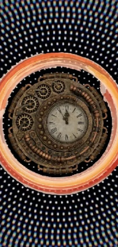 Steampunk clock with gears on a dotted background.