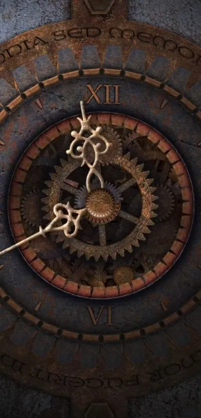 Steampunk-themed clock wallpaper with gears and roman numerals.