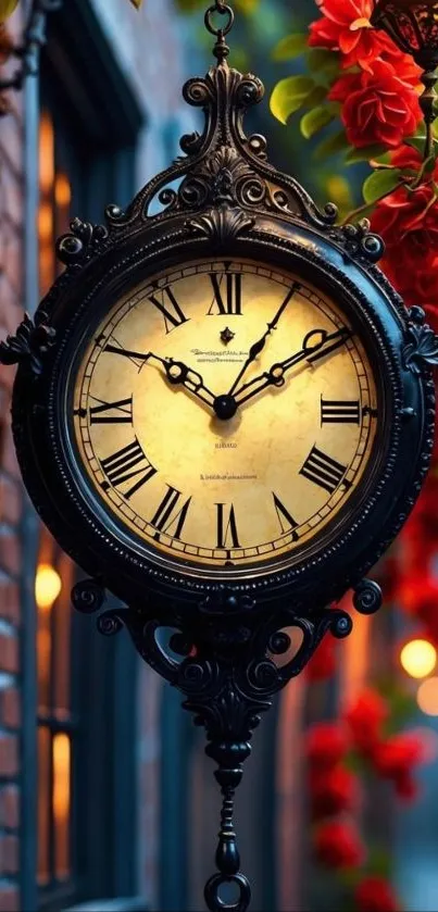 Vintage clock with red flowers and evening glow.