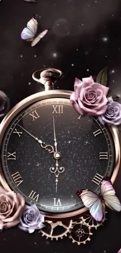 Vintage clock with roses and butterflies on cosmic background.