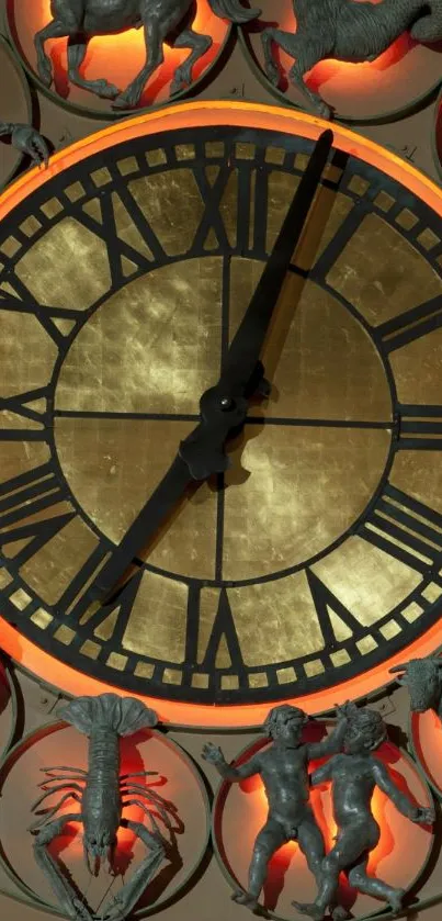 Vintage clock with zodiac symbols and orange glow background.