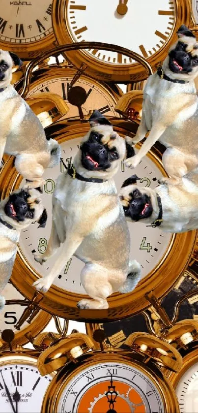 Vintage clocks with playful pug collage on wallpaper.