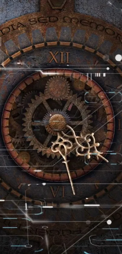 Vintage clock face with intricate gears and steampunk design.